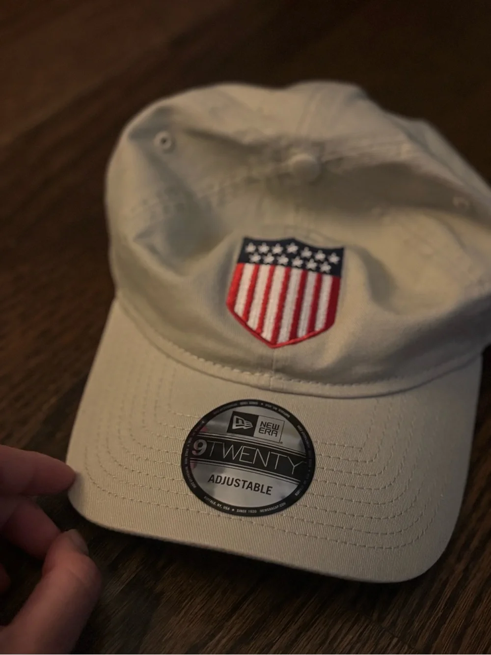 New Era Beige Baseball Cap with Red, White & Blue Shield Patch